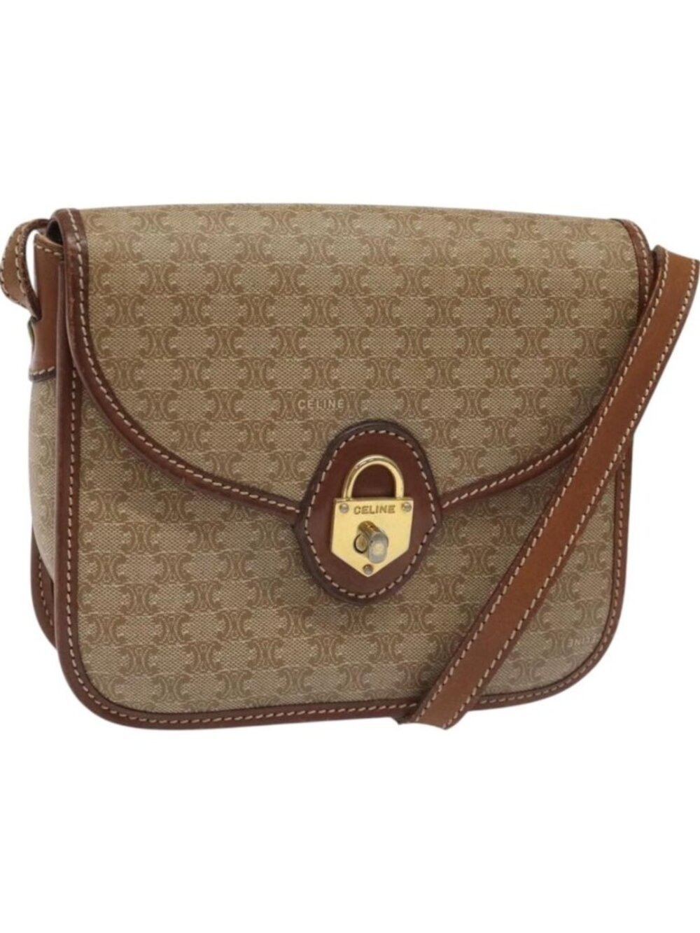 CELINE Macadam Canvas Shoulder Bag PVC Leather Beige Brown gold